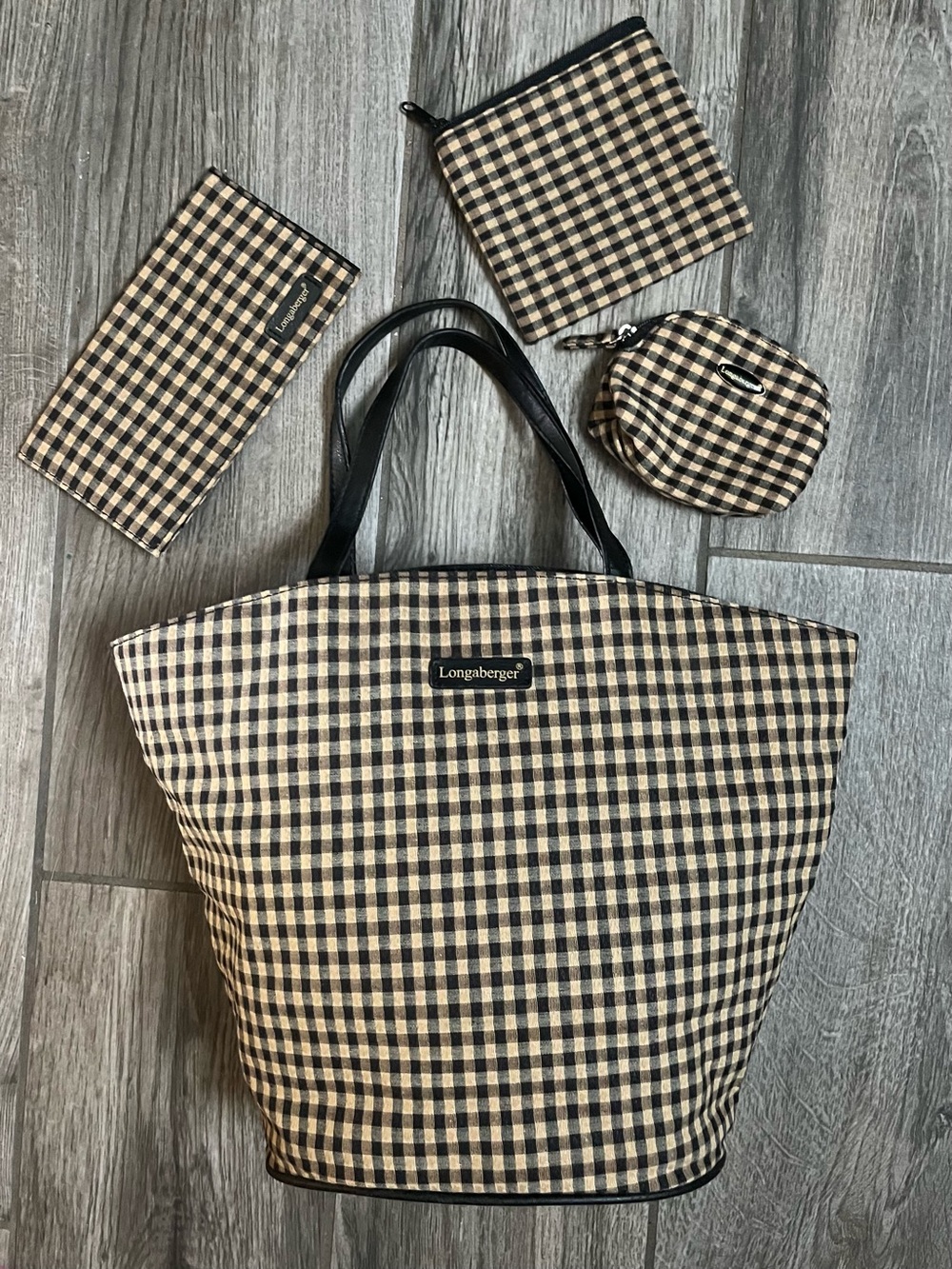 Longaberger Black and Cream Gingham Tote with Accessory Pouches
